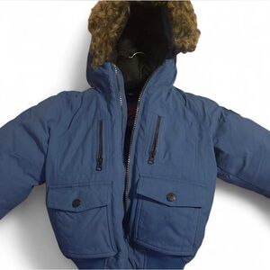 Vintage blue Hooded Jacket with Faux Fur Trim